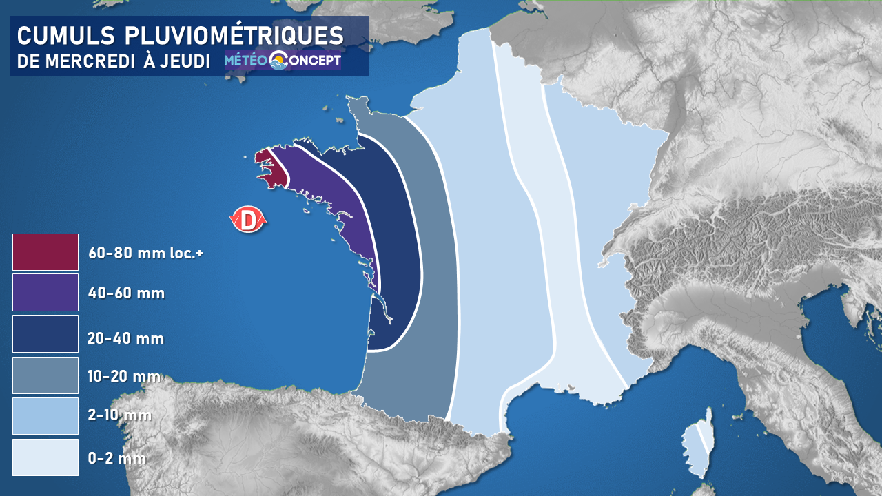 Illustration de l'actualité Pluies conséquentes sur l’ouest jeudi, se décalant vers le Massif-Central vendredi